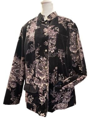 Vintage Floral Velvet Jacket L XL Purple Navy Lined